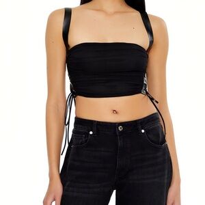 Forever 21 Black Strap Detail Lace Up Crop Top - Women